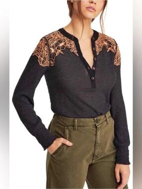 Free People Easy Breezy Floral Appliqué Long Sleeve Henley